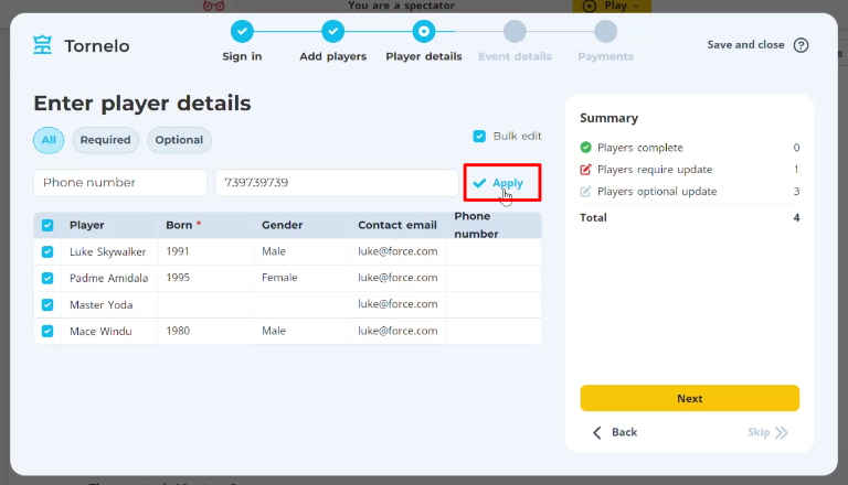 Registration table view allows in-place editting and bulk changes. 