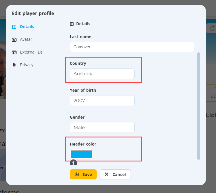Edit Player profile details